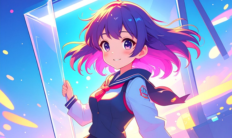 Gadis anime AI dengan rambut gradien merah jambu, ungu, dan merah serta memakai pakaian seragam kelasi, dikelilingi kesan pencahayaan warna pastel.