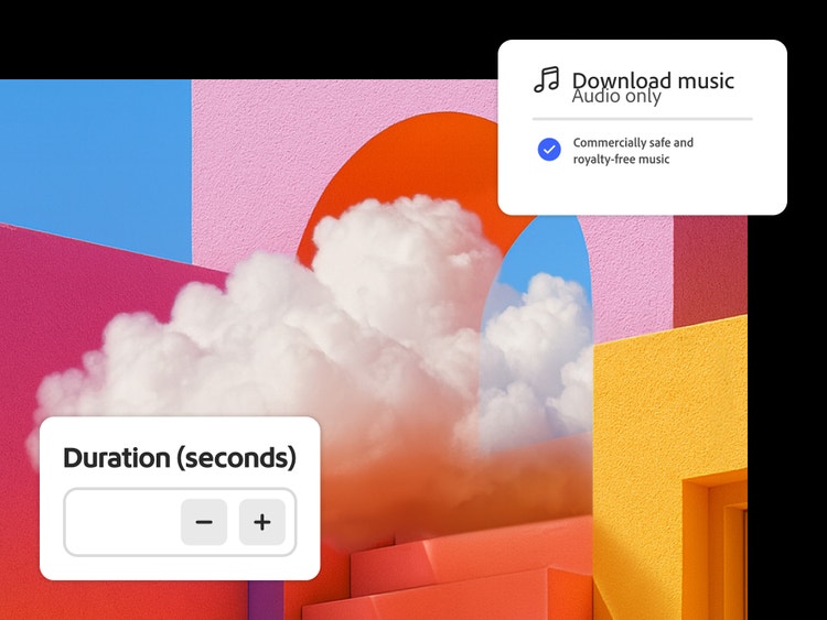 Pemandangan seni bina abstrak dengan dinding geometri berwarna-warni dan awan, ditindih dengan kawalan muzik yang menunjukkan tetapan tempoh dan panel muat turun muzik.