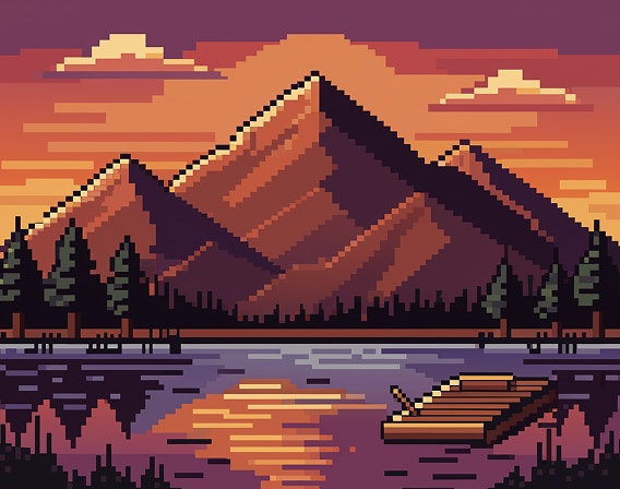 Adegan seni piksel gaya retro menampilkan banjaran gunung coklat di bawah langit jingga dengan tasik tenang di latar depan.