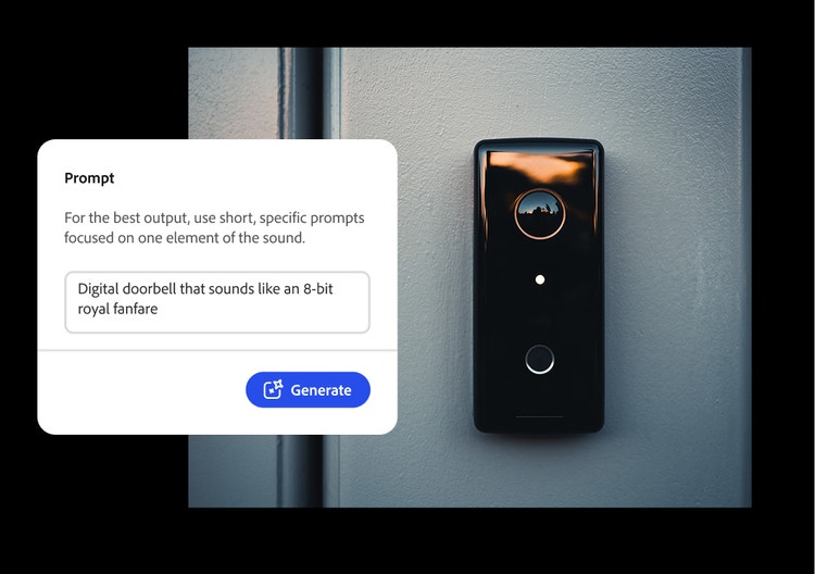 Loceng pintu digital pada dinding dengan tindihan bar gesaan Firefly dan gesaan "Loceng pintu digital yang berbunyi seperti muzik diraja 8 bit."