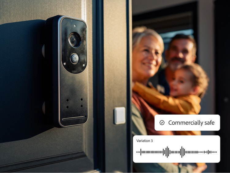 Loceng pintu digital pada dinding bersebelahan dengan wanita, kanak-kanak dan lelaki yang tersenyum, dengan tindihan bentuk gelombang audio dan lencana yang berbunyi "Selamat dari segi komersial."