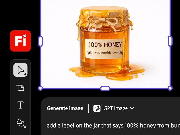 Imej produk balang madu dalam Papan Firefly dengan label yang dijana GPT Image yang berbunyi "100% madu, daripada lebah dengung."