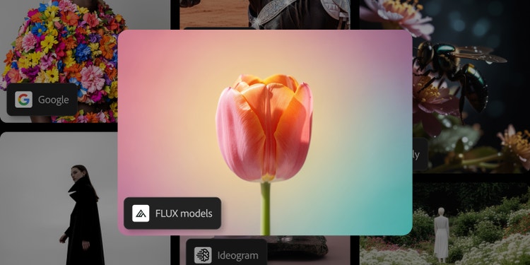 Gambar dekat tulip berwarna pic di atas latar belakang gradien merah jambu, kuning dan biru, dicipta dengan FLUX.2 Pro dalam Firefly.