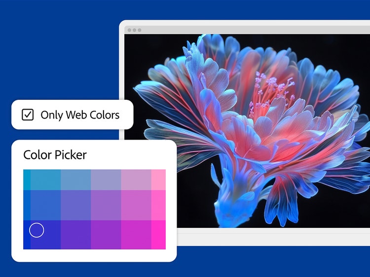 Imej dekat bunga pada skrin komputer dan UI Pemilih Warna dengan kotak Warna Web Sahaja dipilih.