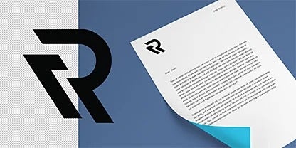 Logo kepala surat di sebelah dokumen kertas dengan logo kepala surat di atasnya