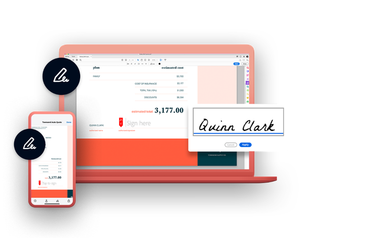 A red laptop and mobile device displaying an invoice and an e-signature field, Picture