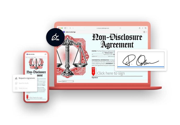 A red laptop with a non-disclosure agreement and e-signature field., Picture, Picture, Picture