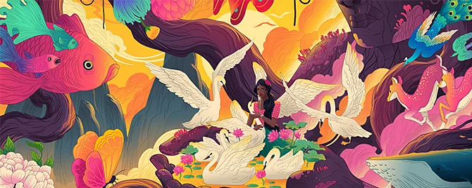 An illustration of striking visuals for print, web, and apps using Adobe's graphic design software.