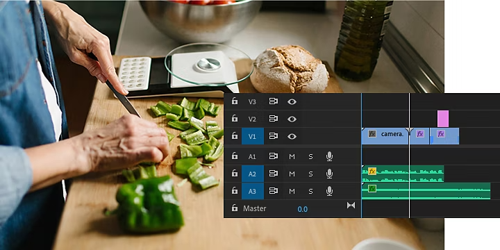 The Adobe {{premiere}} timeline window superimposed over an image of someone cutting up a green pepper