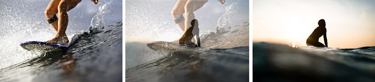 Three photos side by side: Left image is a surfer catching a wave from a head-on perspective peeking out of the water. Middle image is a combination of the left image transitioning into the right image using fade in. Right image is of a surfer contemplating on a surfboard in a thunderbolt pose.