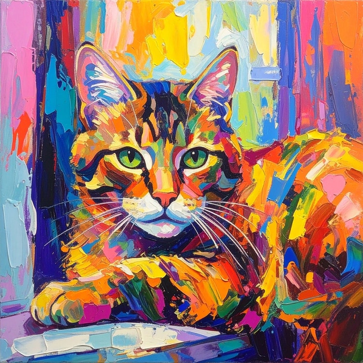 AI generated image of a colourful, expressive painted portrait of a cat rendered in a bold, impressionistic style. Thick brushstrokes and vibrant colour blocks emphasise the cat’s green eyes and facial features against an abstract, multicolored background.