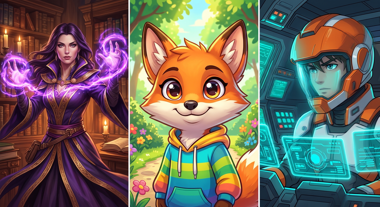 Split screen of a fantasy woman conjuring magic, a cartoon fox in a hoodie and a futuristic pilot in a cockpit using a heads up display