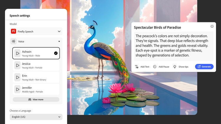 An image of a peacock standing in a pool in a modernist architectural space. On the right is UI to select various AI-generated voiceover options. A text block shows narration of facts about peacocks.