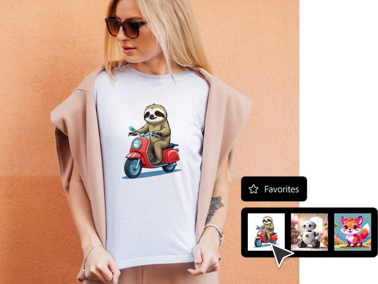 Person wearing a T-shirt with a cartoon sloth riding a scooter, shown with a Favourites panel displaying saved generated images.