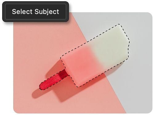 A two-toned ice lolly matching the background being outlined by the Select Subject tool with tool icon overlaid