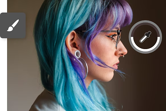 Brush tool icon superimposed on a side portrait photo of a person's face.