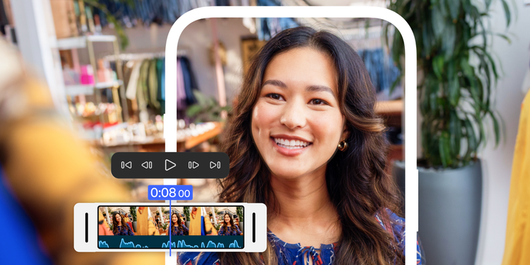 Two women creating a video of themselves trying on outfits in a hip clothing boutique with an overlay of the Premiere on iPhone timeline.