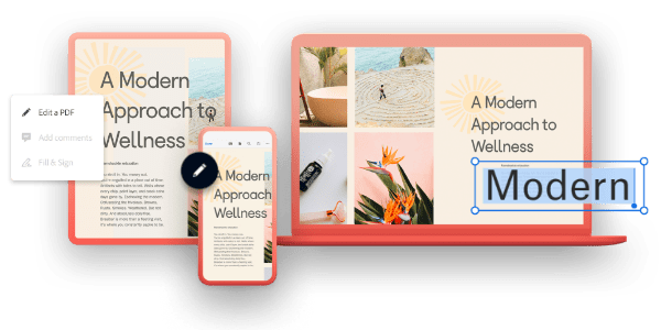 Een PDF-document op een tablet, mobiel apparaat en desktopapparaat, met pop-ups met de optie om een PDF te bewerken, Afbeelding