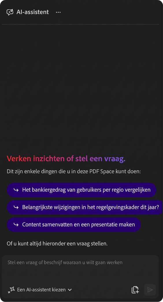 Acrobat AI-assistent in een PDF Space met voorgestelde opdrachten en een chatvenster om vragen over je bestanden te stellen.