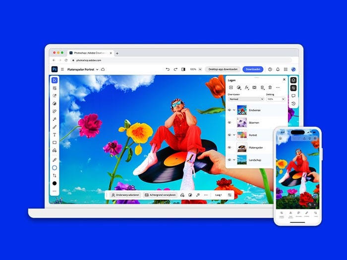 Laptop en telefoon waarop fotobewerking met GenAI wordt getoond