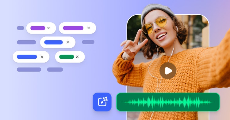 Persoon in kleurrijke outfit die het vredesteken maakt, afspeelpictogram en UI-elementen die verwijzen naar door AI gegenereerde video- of audiocontent.