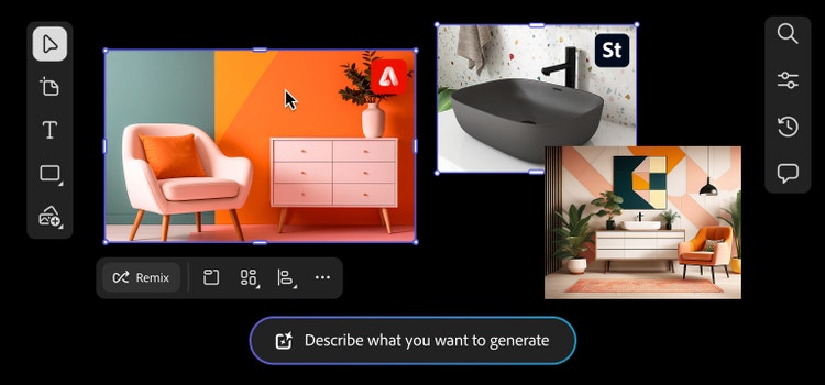 Een voorbeeld van een digitaal moodboard voor een interieurontwerp, met krachtige kleuren en een moderne vormgeving.