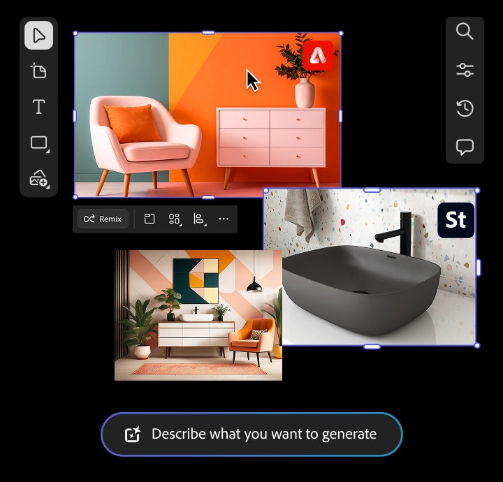 Een voorbeeld van een digitaal moodboard voor een interieurontwerp, met krachtige kleuren en een moderne vormgeving.