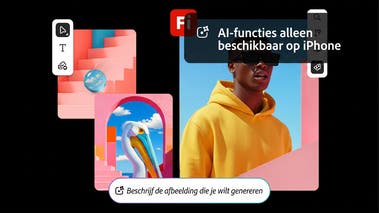 Door AI gegenereerde afbeeldingen van een ooievaar, een man in een gele hoodie en abstracte vormen, met daarbij het logo en de opdrachtbalk van Firefly. AI-functies alleen beschikbaar op iPhone