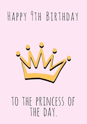 Yellow Crown Feminine Princess Happy 9th Birthday Card Kids Birthday Card