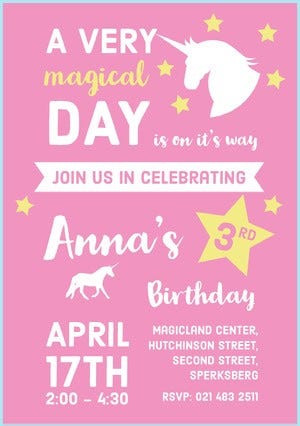 Pink Unicorn Girl's Birthday Party Invitation Card Unicorn Birthday Card