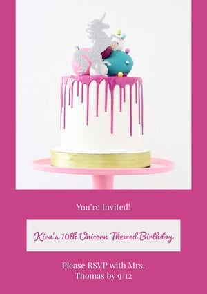 White and Pink Birthday Invitation Unicorn Birthday Card