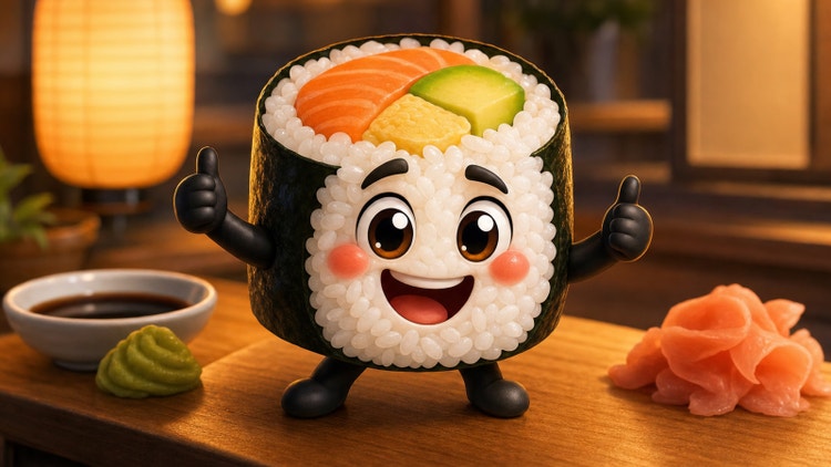 Cartoonpersonage van een sushirol met grote ogen, rozige wangen en een glimlachend gezicht dat twee duimen omhoog steekt, staand op een houten tafel naast sojasaus, wasabi en ingelegde gember in een warm verlicht restaurant.