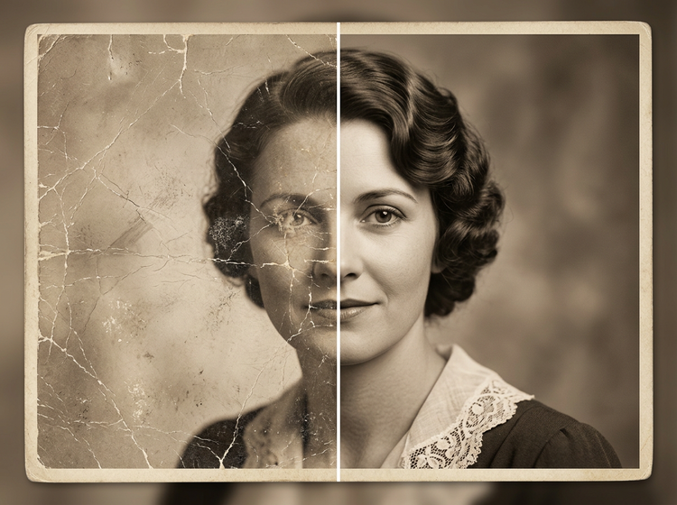 Voor- en na-afbeelding van een vintage portret met het snelle resultaat van restauratie met AI