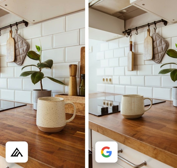 Naast elkaar weergegeven, door AI gegenereerde varianten van een keramische mok op een houten aanrecht, met subtiele verschillen in compositie en styling tussen verschillende AI-modellen.