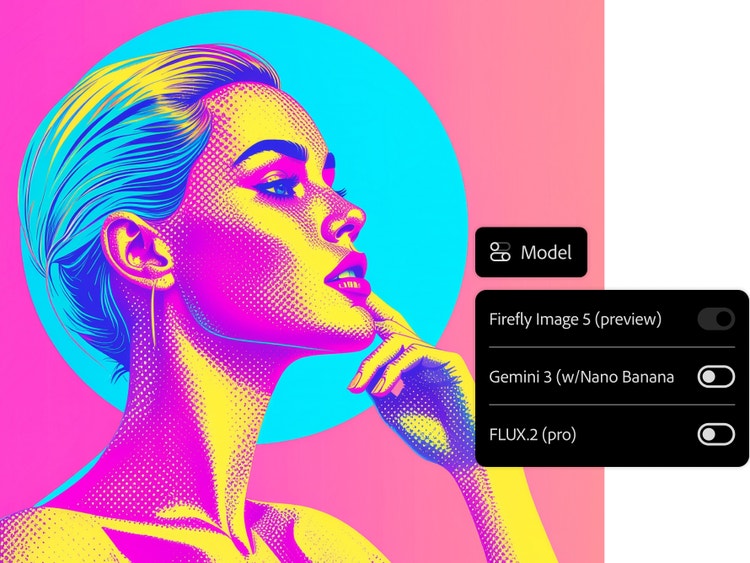 Levendig popartportret in cyaan en magenta, met daarbij het Adobe Firefly-selectiemenu met de modellen Firefly Image&nbsp;5, Gemini&nbsp;3 en FLUX&nbsp;2 Pro.