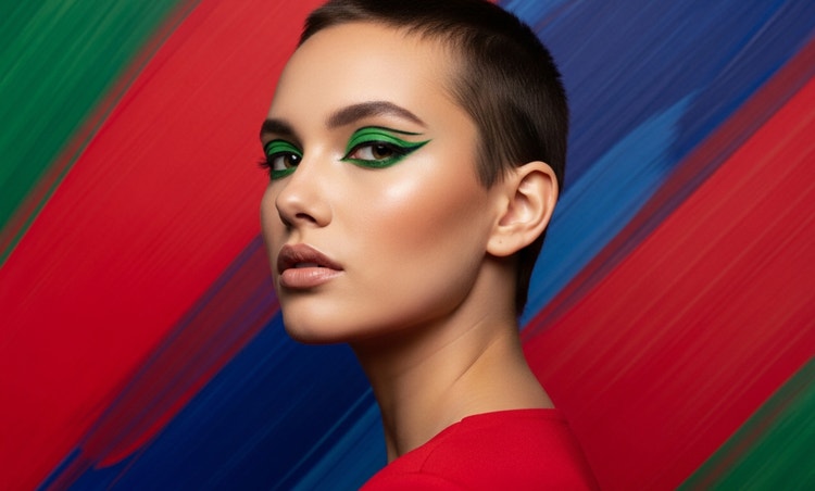 Door AI gegenereerd portret van een jonge vrouw met kort haar en groene eyeliner, met krachtige blauwe, rode en groene strepen op de achtergrond.