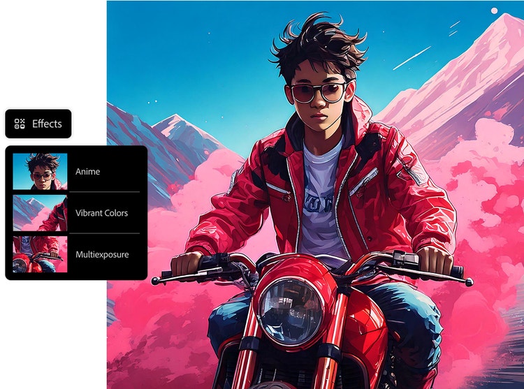 Geïllustreerd portret in anime-stijl van een persoon op een motorfiets die door een pastelkleurig berglandschap rijdt, met daarbij het deelvenster Effecten met de opties Anime, Levendige kleuren en Meervoudige belichting.