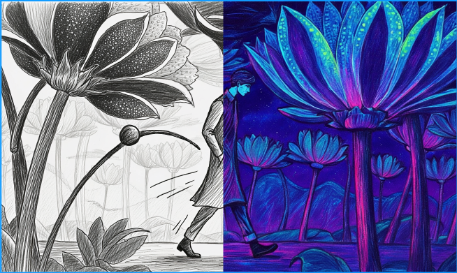 Twee botanische schetsen naast elkaar, waarbij de oorspronkelijke, zwart-witte lijnillustratie is omgezet in een illustratie met levendige blauw-paarse gloeiende bloemen.