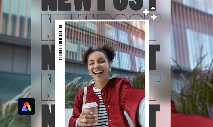 Selfie van een lachende vrouw met een koffiekopje, verwerkt in een grafische lay-out voor social media.