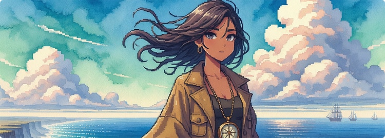 Anime-personage in pixelstijl met wapperende haren en een kompasketting, uitkijkend over een spectaculaire oceaan.