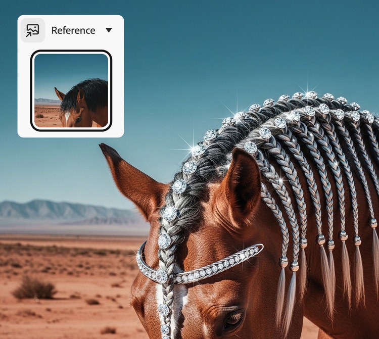 Een bruin paard met complex gevlochten manen die zijn versierd met diamanten, met daarbij een referentieafbeelding van hetzelfde paard zonder vlechten en juwelen.