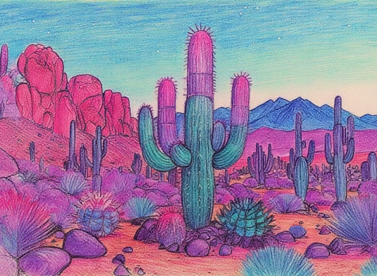 Door AI gegenereerde kleurpotloodtekening van een droomachtige woestijnscène met opgloeiende, neonkleurige cactussen en een sfeervolle verloopbelichting.