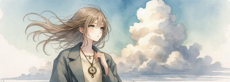 supergedetailleerde anime-illustratie van een jonge vrouw met wapperende haren en een vintage kompasketting die op een klif staat, uitkijkend over een uitgestrekte oceaan, haar oversized jasje wapperend in de wind, de lucht overvloeiend in het tafereel, zichtbare papierkorreltextuur, volumetrische wolkenformaties, zeilschepen aan de horizon, filmisch brede compositie, anime-illustratie, waterverfstijl