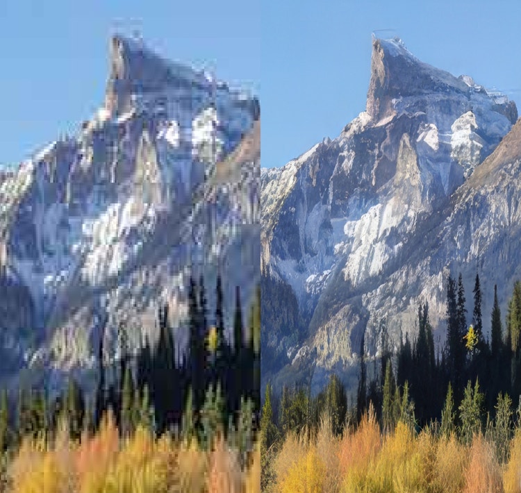 Twee versies van een bergafbeelding naast elkaar. De afbeelding rechts is helderder, maar heeft nog steeds een fotorealistische uitstraling.