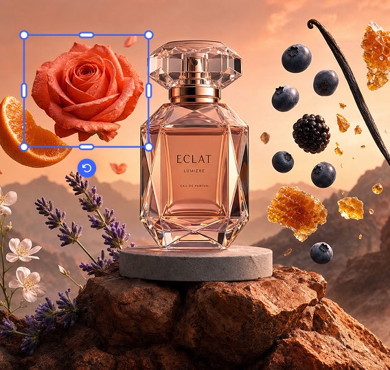 Firefly-interface met een verzorgde productscène: een parfumflesje dat wordt omringd door bloemen, fruit, vanille en honingraten. Er is een roos geselecteerd die bewerkingshandgrepen heeft, zodat je kunt zien hoe afzonderlijke elementen kunnen worden verplaatst en verfijnd om professionele visuele elementen te creëren.