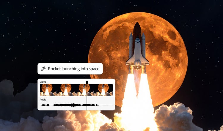 Illustratie van een raket die de ruimte in schiet met felle vlammen en rook. Een videobewerkingstijdlijn en audiogolfvorm suggereren dat een geluidseffectgenerator wordt gebruikt.