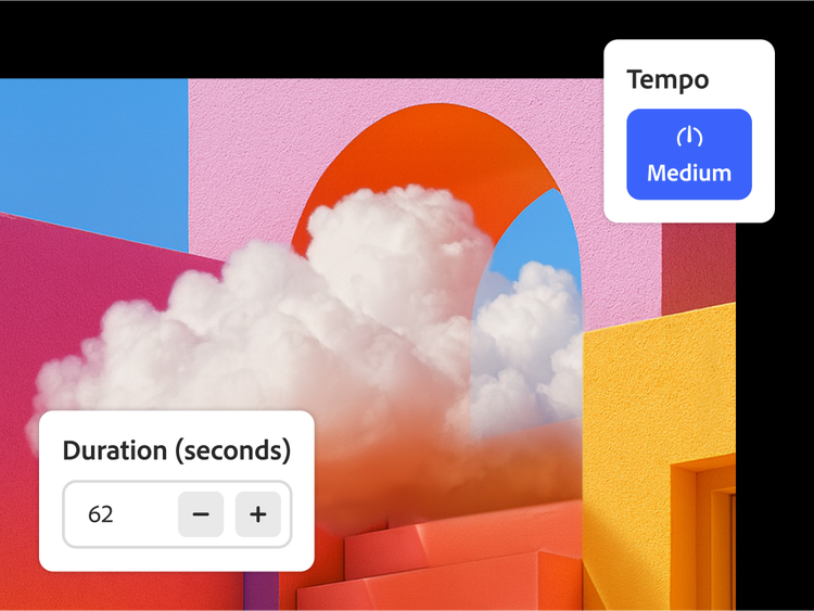 Interface van de AI-muziekgenerator met het tempo ingesteld op gemiddeld en de duur ingesteld op 62 seconden, op een kleurrijke abstracte achtergrond met een wolk die door een boog zweeft.