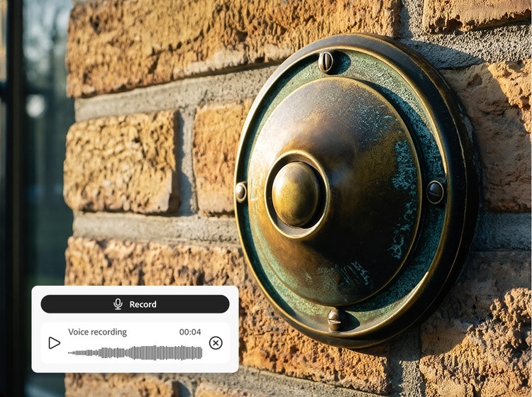 Close-up van een ouderwetse deurbel op een bakstenen muur, met de tool Stem opnemen in de functie Geluidseffecten genereren van Firefly.