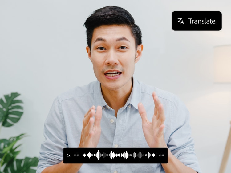 Een persoon spreekt in de camera met een overlay van de audiobalk van een AI-vertaaltool.