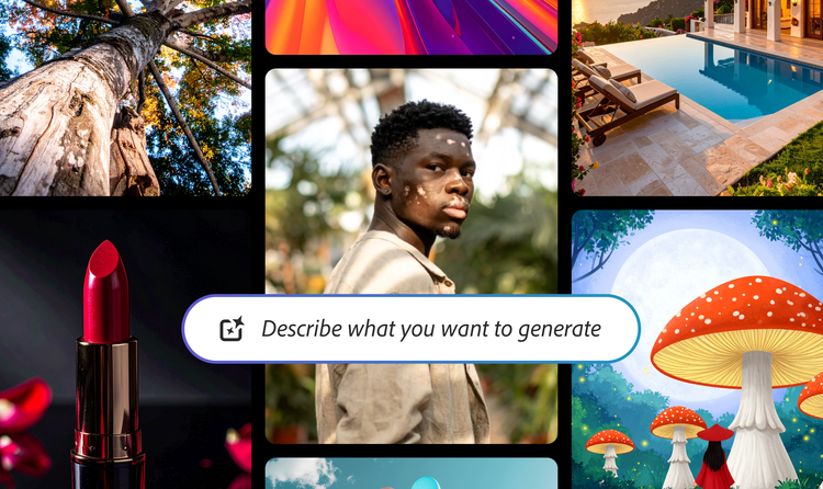 AI-gegenereerde collage van diverse visuele stijlen, waaronder een close-up portret van een man buitenshuis, een boom van onderaf gezien, een luxe zwembadscène, een productfoto van rode lipstick, abstracte kleurovergangen en geïllustreerde fantasiepaddenstoelen, met een tekstopdrachtveld in het midden met de tekst "Beschrijf wat je wilt genereren".
